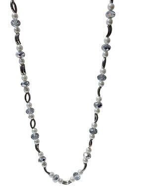 Handcrafted Faux Pearl Beaded Necklace Silver Tone Faceted Beads Classic Fashion